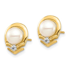 14k 5-6mm White Button Freshwater Cultured Pearl and .02 Carat Diamond Post Earrings