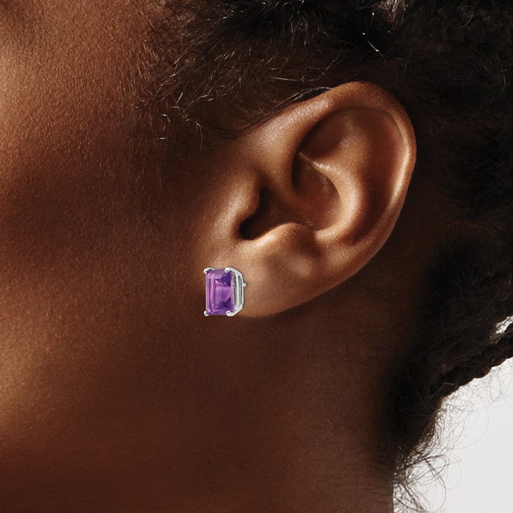 14k White Gold 9x7mm Emerald Cut Amethyst Earrings