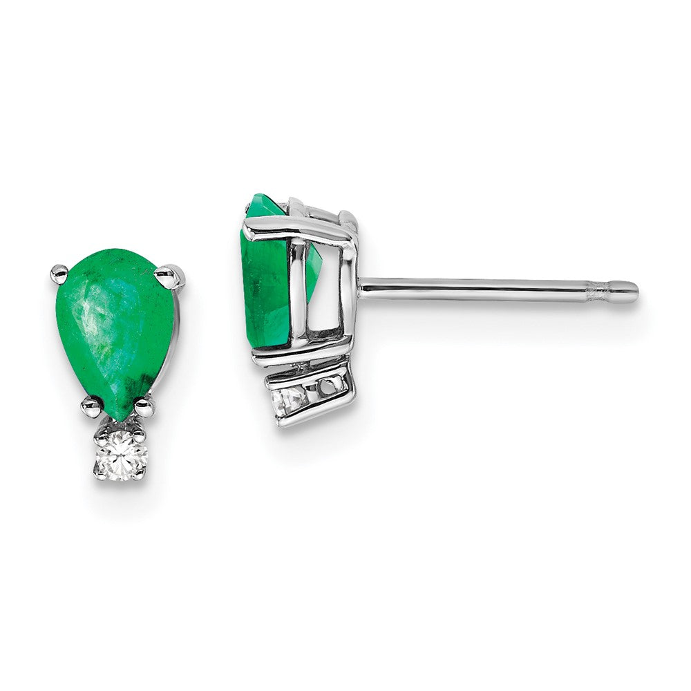 14k White Gold 6x4mm Pear Emerald & AAA Diamond Earrings