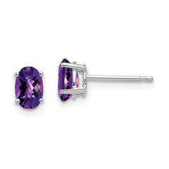 14k White Gold 6x4mm Oval Amethyst Checker Earrings