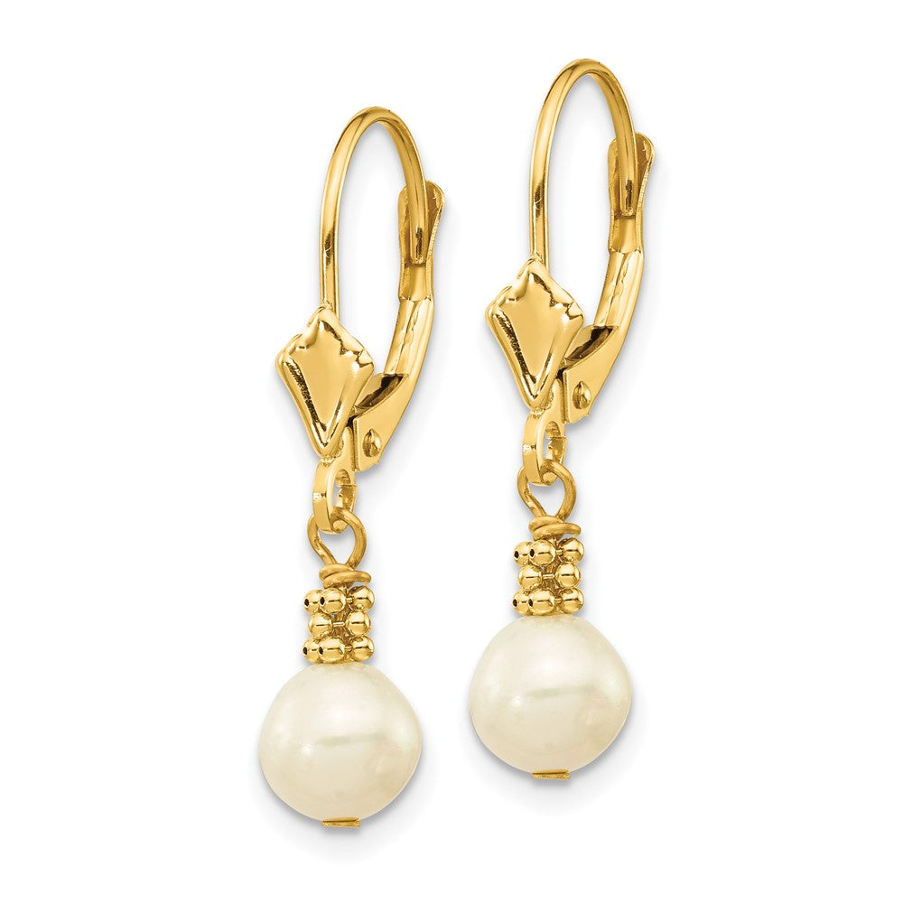 14k 5-6mm White Semi-round Freshwater Cultured Pearl Dangle Leverback Earrings