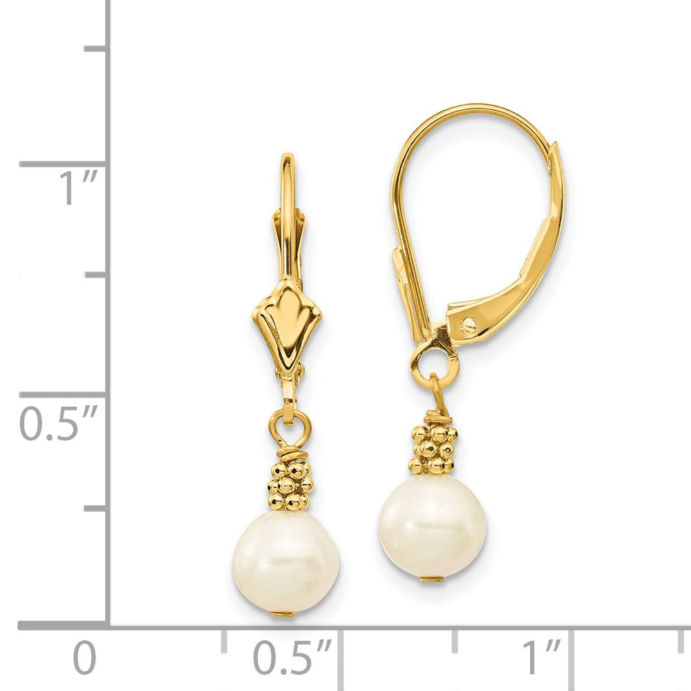 14k 5-6mm White Semi-round Freshwater Cultured Pearl Dangle Leverback Earrings