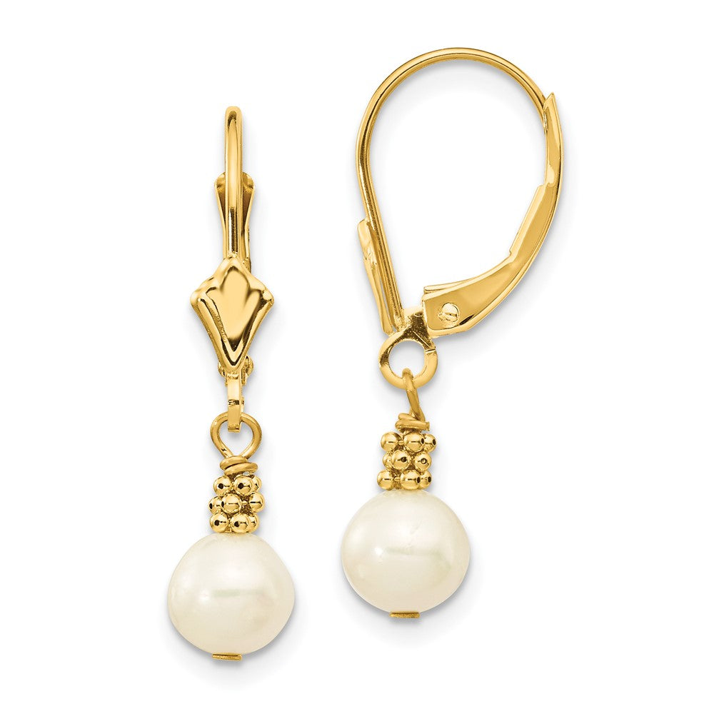14k 5-6mm White Semi-round Freshwater Cultured Pearl Dangle Leverback Earrings