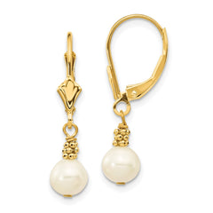 14k 5-6mm White Semi-round Freshwater Cultured Pearl Dangle Leverback Earrings