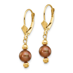 14k 5-6mm Brown Semi-round Freshwater Cultured Pearl Dangle Leverback Earrings - 2
