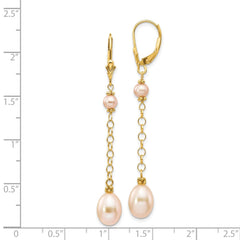 14k 5-8mm Pink Rice and Semi-Round Freshwater Cultured Pearl Dangle Leverback Earrings
