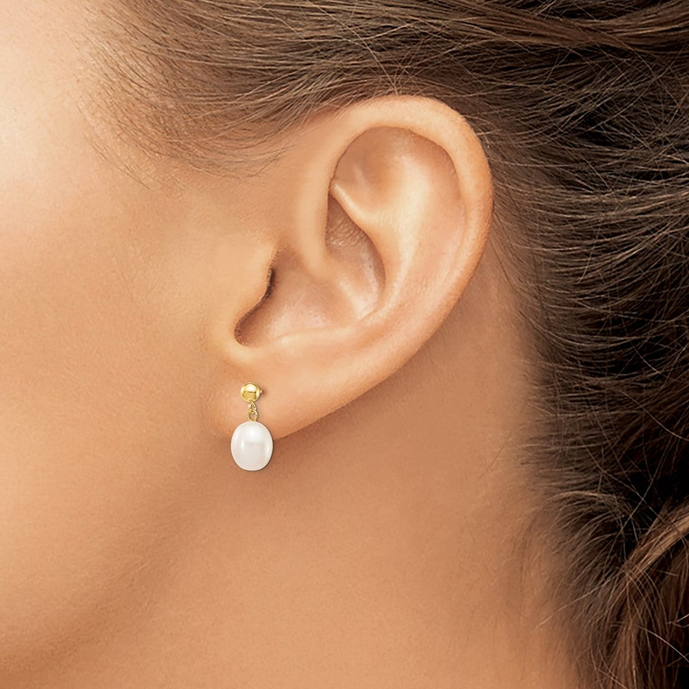 14k 8-9mm White Rice Freshwater Cultured Pearl Post Dangle Earrings