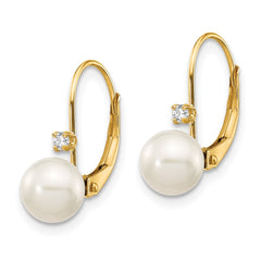 14k 6-7mm White Round Freshwater Cultured Pearl and .06 Carat Diamond Leverback Earrings