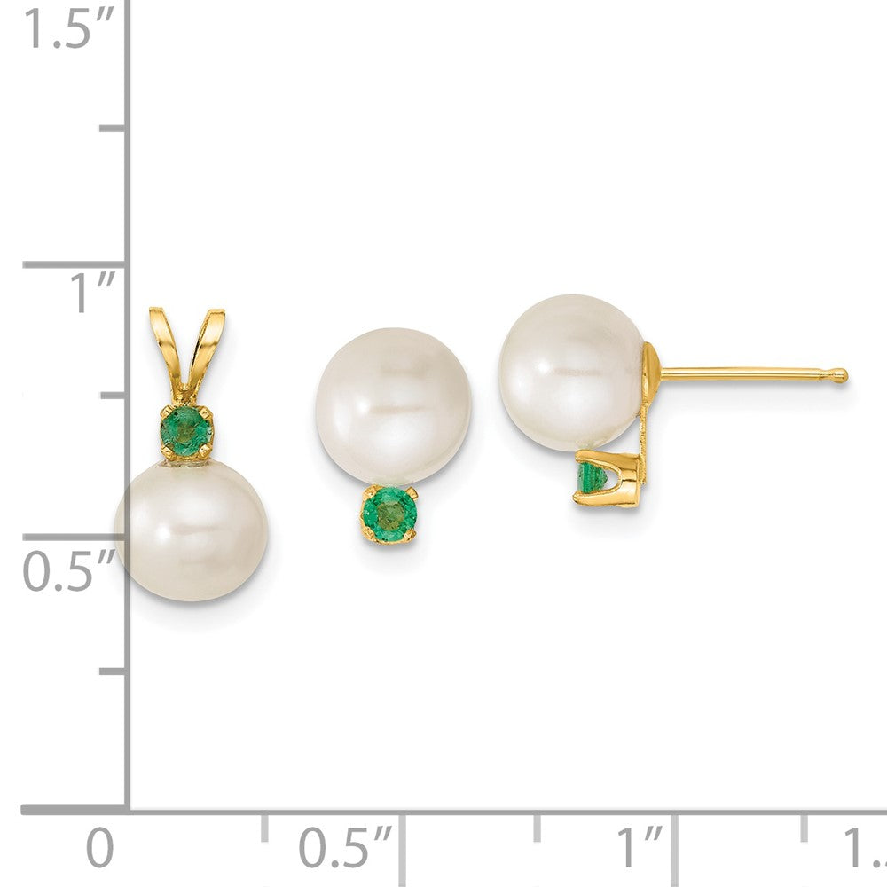 14k 7-8mm White FW Cultured Pearl & Emerald Stud Earrings & Pendant