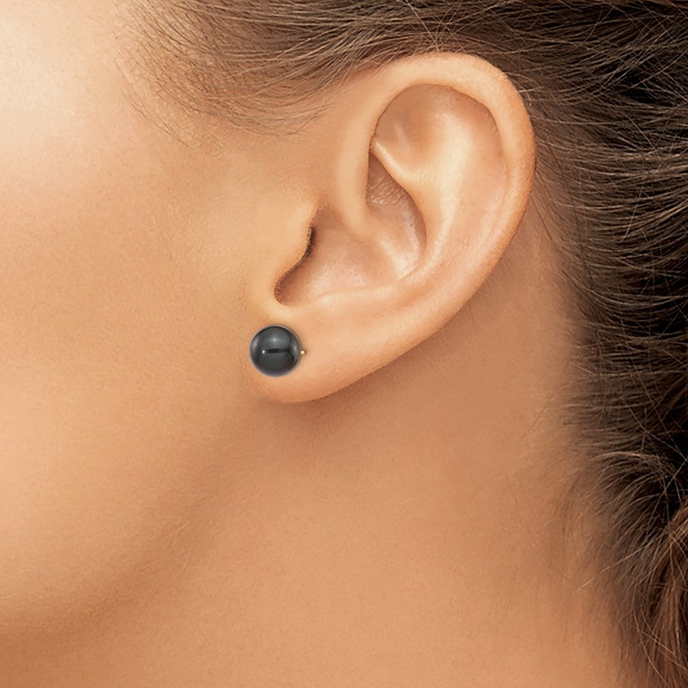14k 8-9mm Black Round Akoya Saltwater Cultured Pearl Post Earrings