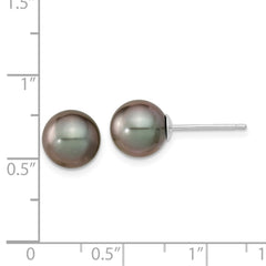 14k White Gold 8-9mm Black Round Tahitian Saltwater Cultured Pearl Post Earrings
