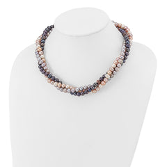 14k White Gold 6-7mm Pink/Gray/Black Near-Round Freshwater Cultured Pearl 3-Strand 18 inch Necklace