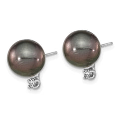 14k White Gold 9-10mm Black Round Tahitian Saltwater Cultured Pearl and .10 Carat Diamond Post Earring