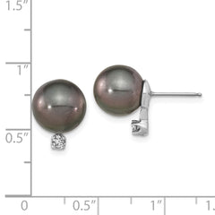 14k White Gold 9-10mm Black Round Tahitian Saltwater Cultured Pearl and .10 Carat Diamond Post Earring