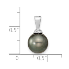 14k White Gold 9-10mm Black Round Tahitian Saltwater Cultured Pearl Pendant