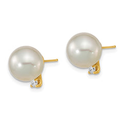 14k 9-10mm White Round South Sea Saltwater Cultured Pearl and .10 Carat Diamond Post Earrings