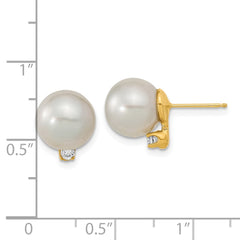 14k 9-10mm White Round South Sea Saltwater Cultured Pearl and .10 Carat Diamond Post Earrings