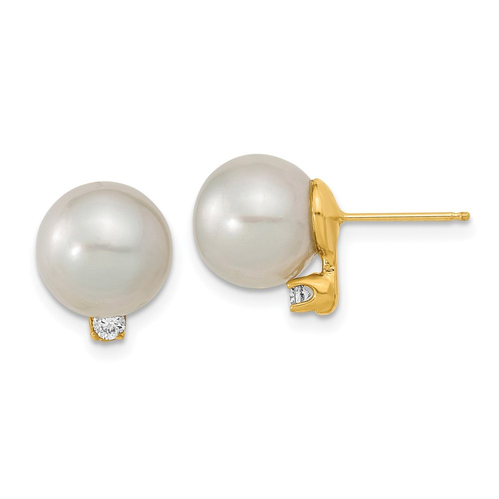 14k 9-10mm White Saltwater Cultured South Sea Pearl .10ct Dia Earrings