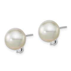 14k White Gold 9-10mm White Round South Sea Saltwater Cultured Pearl and .10 Carat Diamond Post Earrings