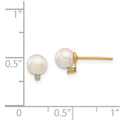 14k 5-6mm White Round Akoya Saltwater Cultured Pearl and .02 Carat Diamond Post Earrings