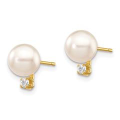14k 6-7mm White Round Akoya Saltwater Cultured Pearl and 1/20 Carat Diamond Post Earrings