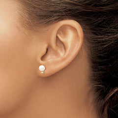 14k 7-8mm White Round Akoya Saltwater Cultured Pearl and 1/10 Carat Diamond Post Earrings