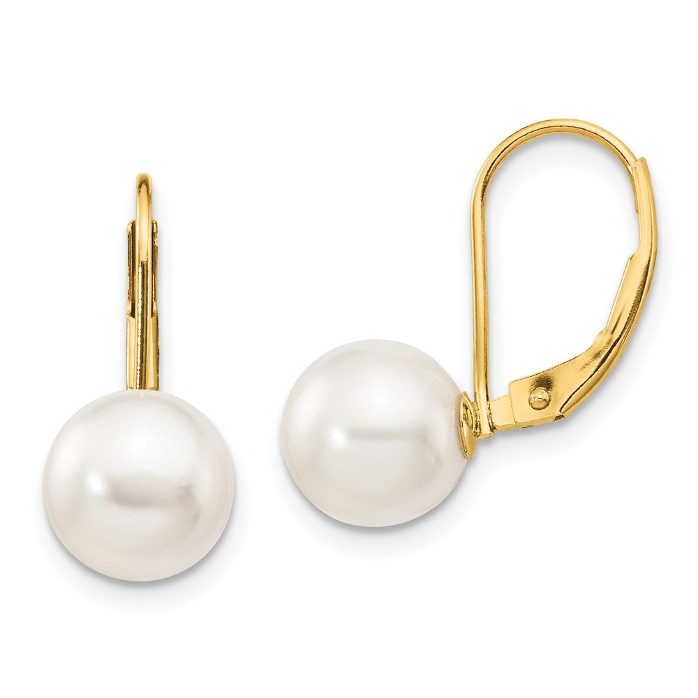 14k 8-9mm White Round Akoya Saltwater Cultured Pearl Leverback Earrings