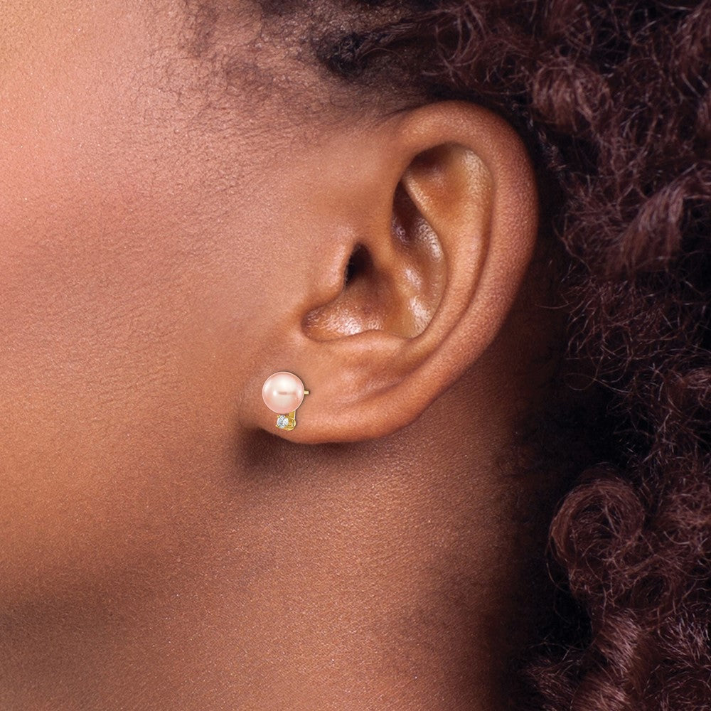 14k 6-7mm Pink Round Freshwater Cultured Pearl and .06 Carat Diamond Post Earrings
