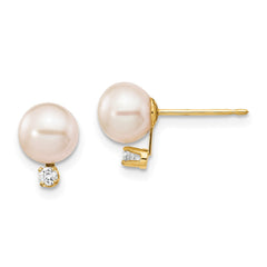 14k 6-7mm White Round Freshwater Cultured Pearl and .06 Carat Diamond Post Earrings