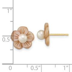 14k 3-4mm White Round Freshwater Cultured Pearl and Pink Mother of Pearl Flower Post Earrings