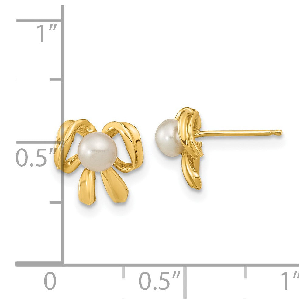 14k 3-4mm White Button Freshwater Cultured Pearl Bow Post Earrings