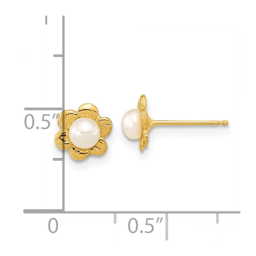 14k 3-4mm White Button Freshwater Cultured Pearl Flower Post Earrings