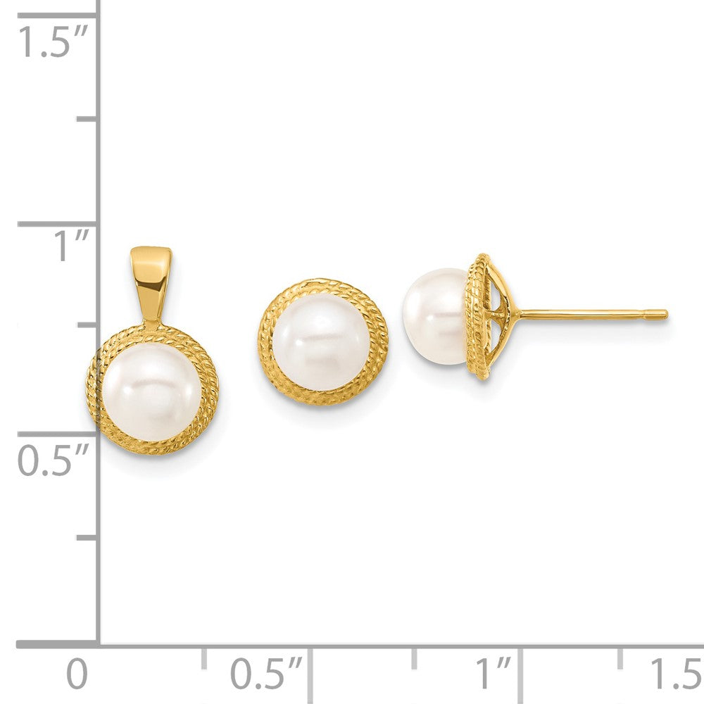 14k 5-6mm White Button Freshwater Cultured Pearl Post Earrings and Pendant Set - 2