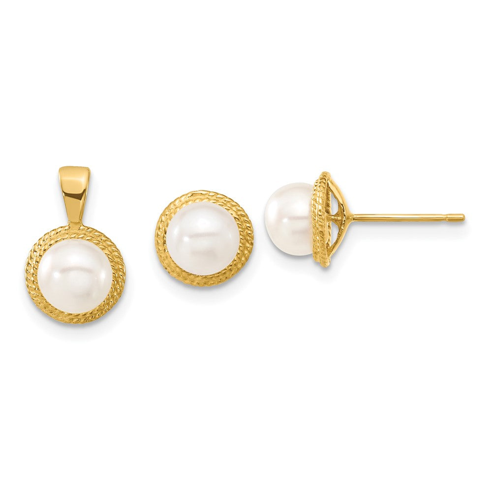14k 5-6mm White Button Freshwater Cultured Pearl Post Earrings and Pendant Set - 2