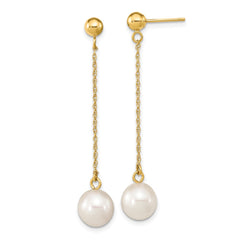 14k 7-8mm White Round Freshwater Cultured Pearl Post Dangle Earrings