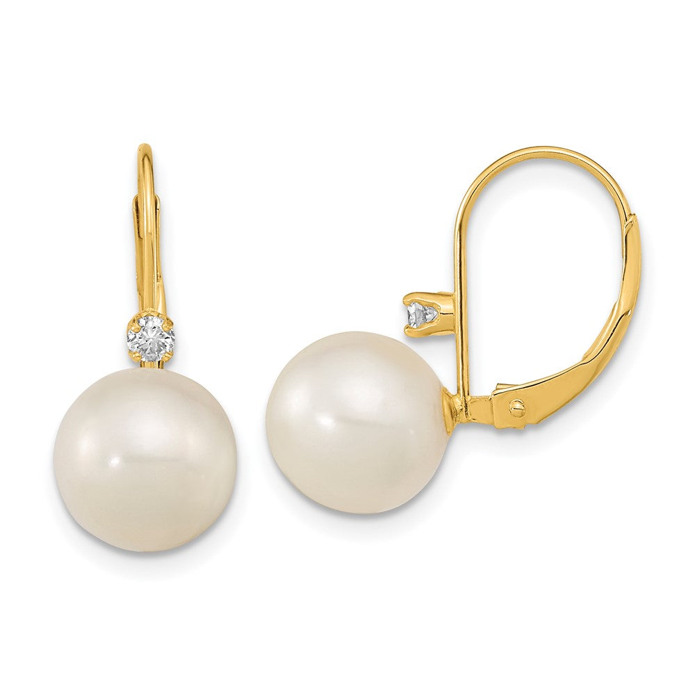 14K 9-9.5mm White Round FWC Pearl .10ct Diamond Leverback Earrings