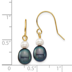 14k 4-7mm Black Rice and White Round Freshwater Cultured Pearl Dangle Earrings