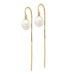 14k 7-8mm White Rice Freshwater Cultured Pearl Box Chain Threader Earrings - 2