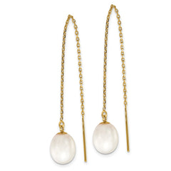 14k 7-8mm White Rice Freshwater Cultured Pearl Cable Chain Threader Earrings