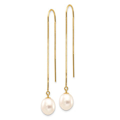 14k 7-8mm White Rice Freshwater Cultured Pearl Box Chain Threader Earrings