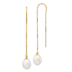 14k 7-8mm White Rice Freshwater Cultured Pearl Box Chain Threader Earrings