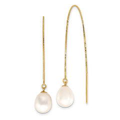 14k 7-8mm White Teardrop Freshwater Cultured Pearl Box Chain Threader Earrings