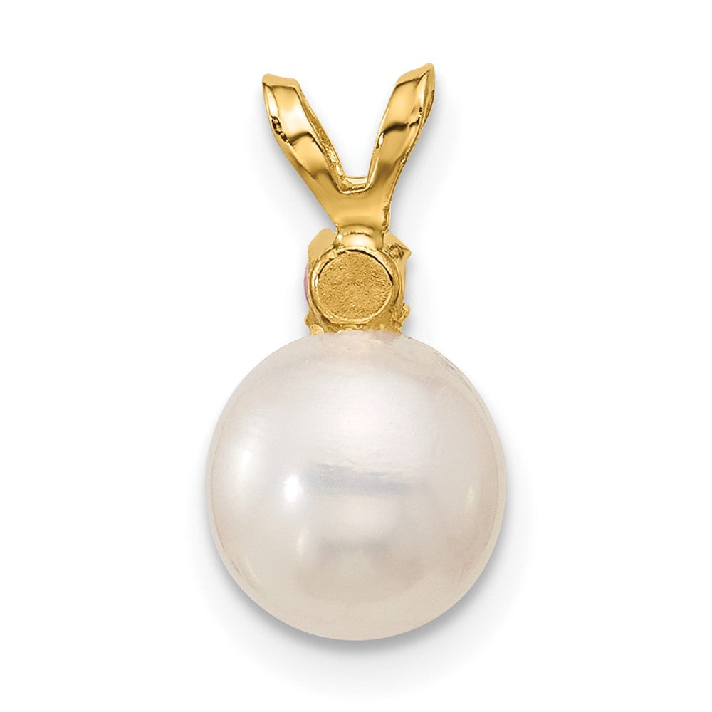 14k 7-7.5mm White Round Freshwater Cultured Pearl and .07PT Pink Topaz Pendant