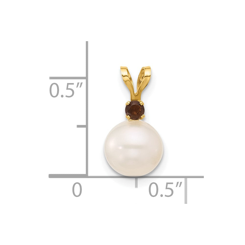 14k 7-7.5mm White Round Freshwater Cultured Pearl and .09SQ Smoky Quartz Pendant