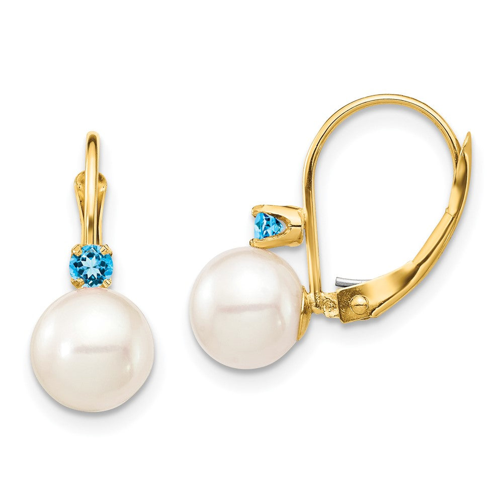 14k 7-7.5mm White Round Freshwater Cultured Pearl and .18BT Swiss Blue Topaz Leverback Earrings