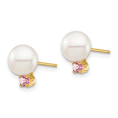14k 7-7.5mm White Round Freshwater Cultured Pearl and .14PT Pink Topaz Post Earrings