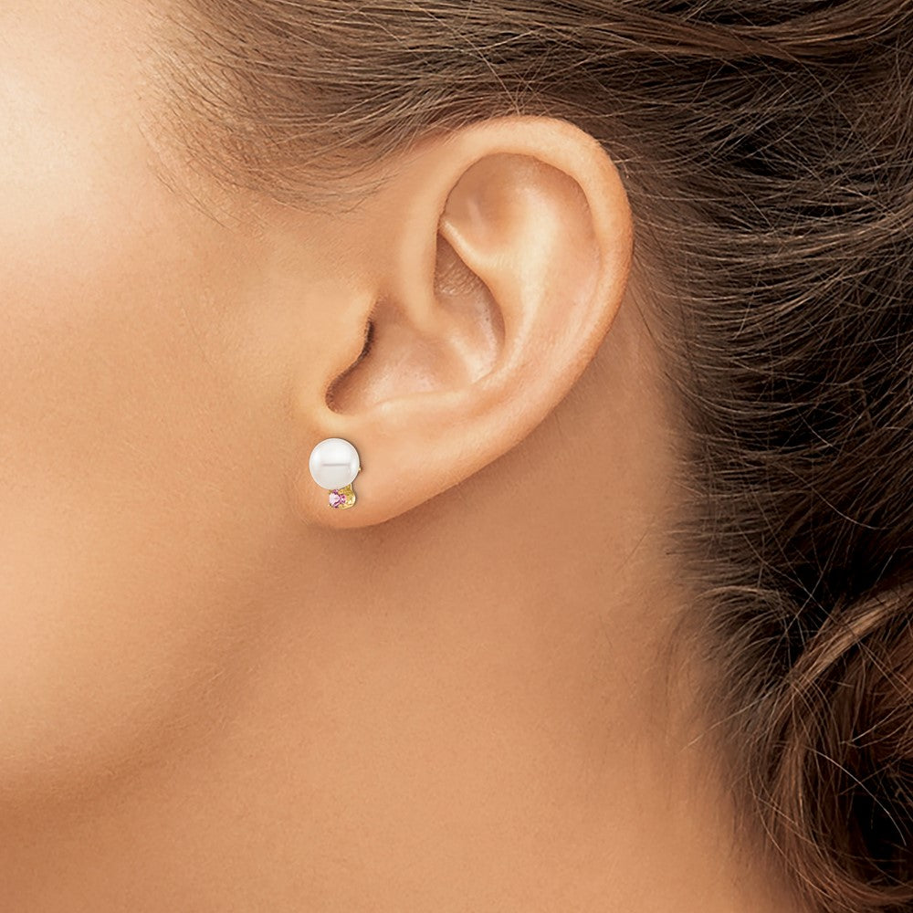 14k 7-7.5mm White Round Freshwater Cultured Pearl and .14PT Pink Topaz Post Earrings