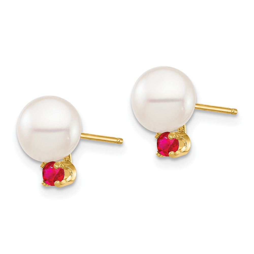 14k 7-7.5mm White Round Freshwater Cultured Pearl and .18RU Ruby Post Earrings