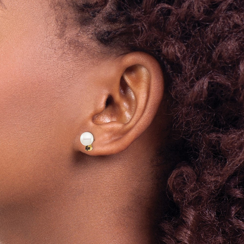 14k 7-7.5mm White Round Freshwater Cultured Pearl and .18SQ Smokey Quartz Post Earrings