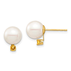 14k 8-8.5mm White Round Freshwater Cultured Pearl and .14CI Citrine Post Earrings
